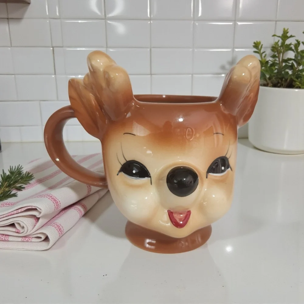 Pottery Barn Lot of 3 Cheeky Reindeer Christmas Holiday Mugs RARE Whimsical